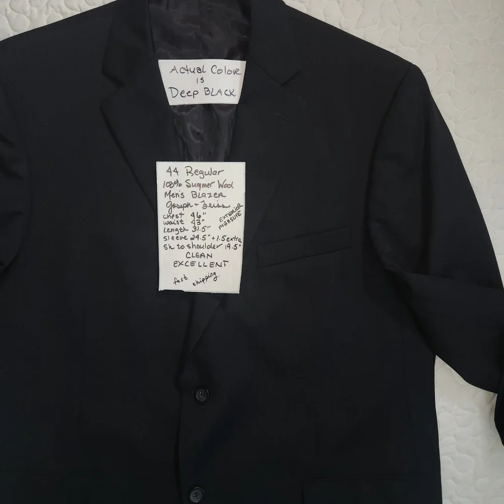NEW 44 Black 100 % Fine Smooth Wool Mens Blazer Modern Business Suit Jacket Exc.